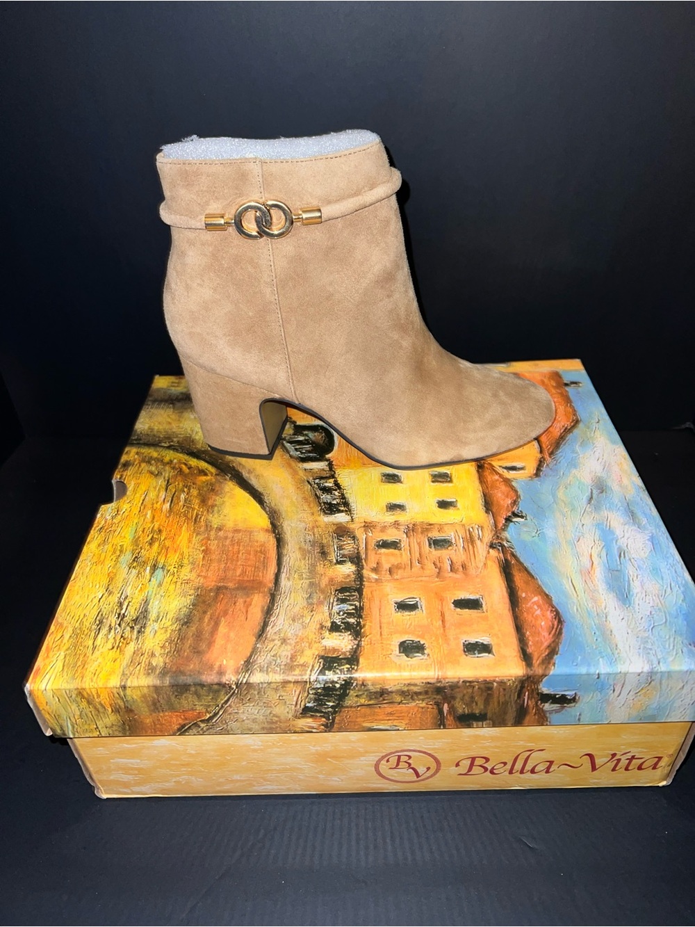 Bella Vita Tan Suede Block Heel Ankle Boot with Gold Ring Detail